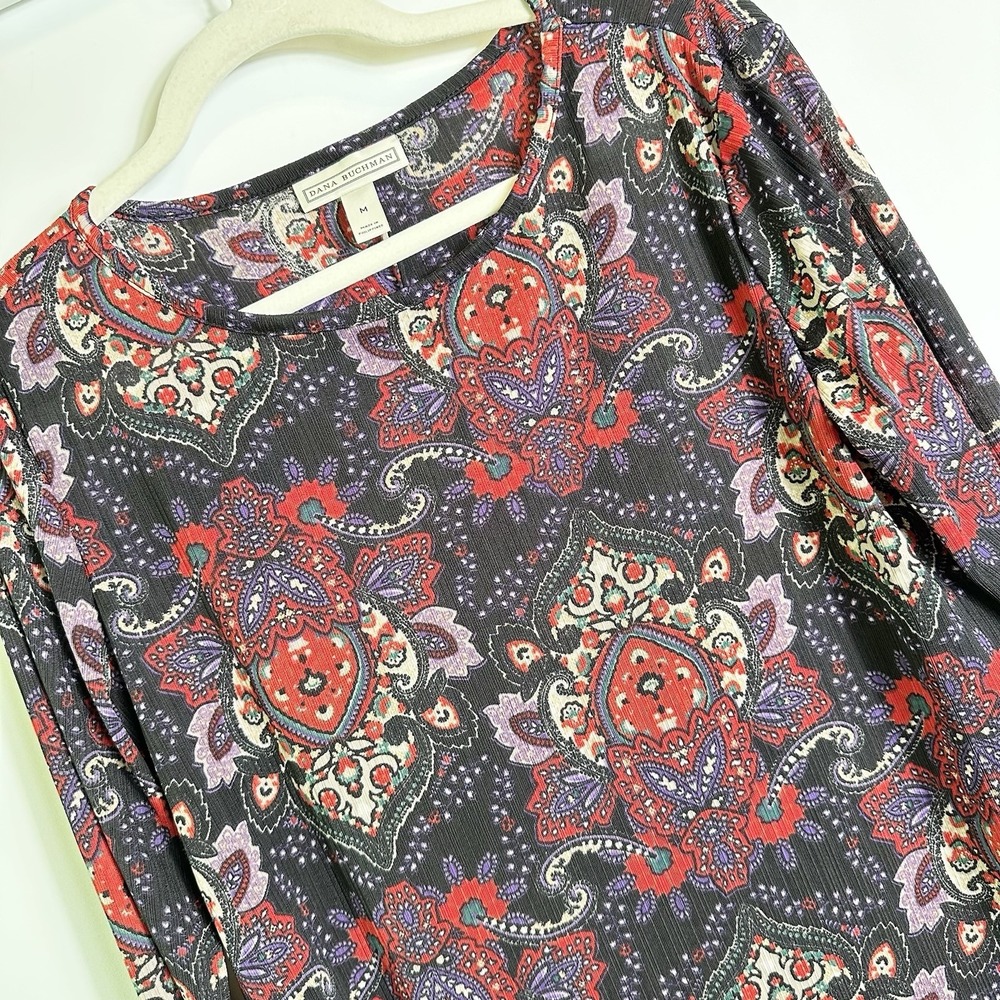 Dana Buchman Paisley Print Tunic Top "Buckle"Cuff Sleeve‎ Womens Size M High Low